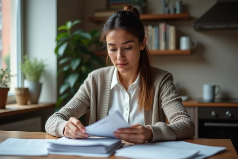 Femme organisée avec ses papiers dans une cuisine chaleureuse