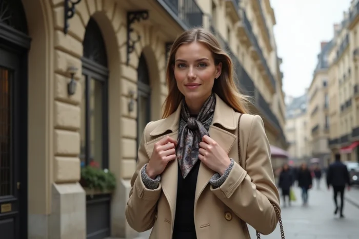 Femme parisienne élégante en trench beige dans la rue