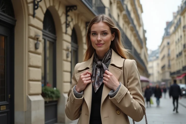 Femme parisienne élégante en trench beige dans la rue