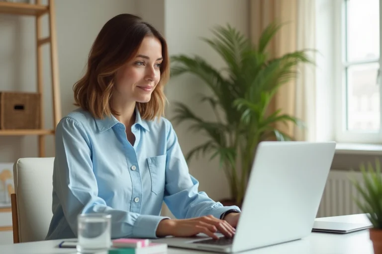 Femme consultant une pharmacie en ligne sur son ordinateur portable depuis son bureau à domicile