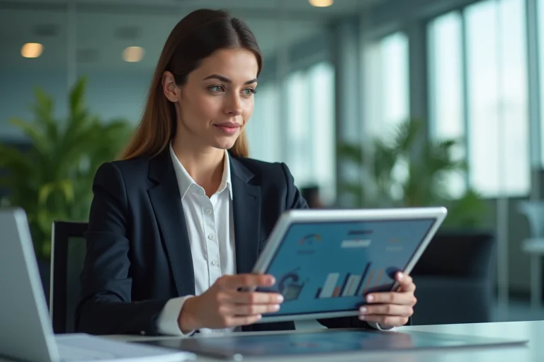 Femme professionnelle en blazer analysant des données sur une tablette