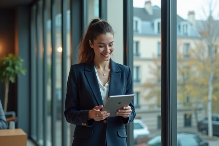 Jeune femme professionnelle vérifiant ses gains sur une tablette à Paris