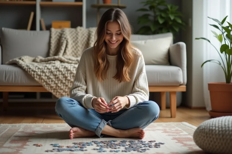 Jeune femme souriante faisant un puzzle dans un salon moderne