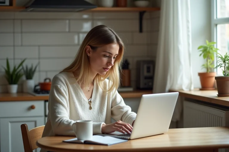 Femme assise à la cuisine cherchant des annonces sur son ordinateur