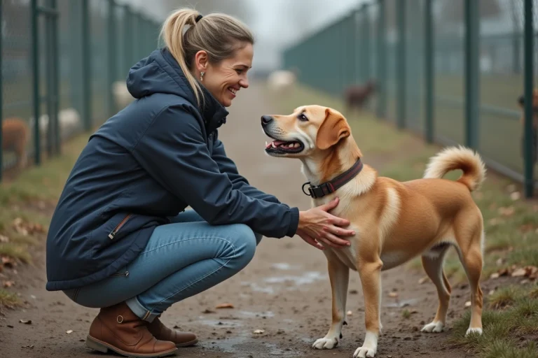 Femme caressant un chien dans un refuge animalier