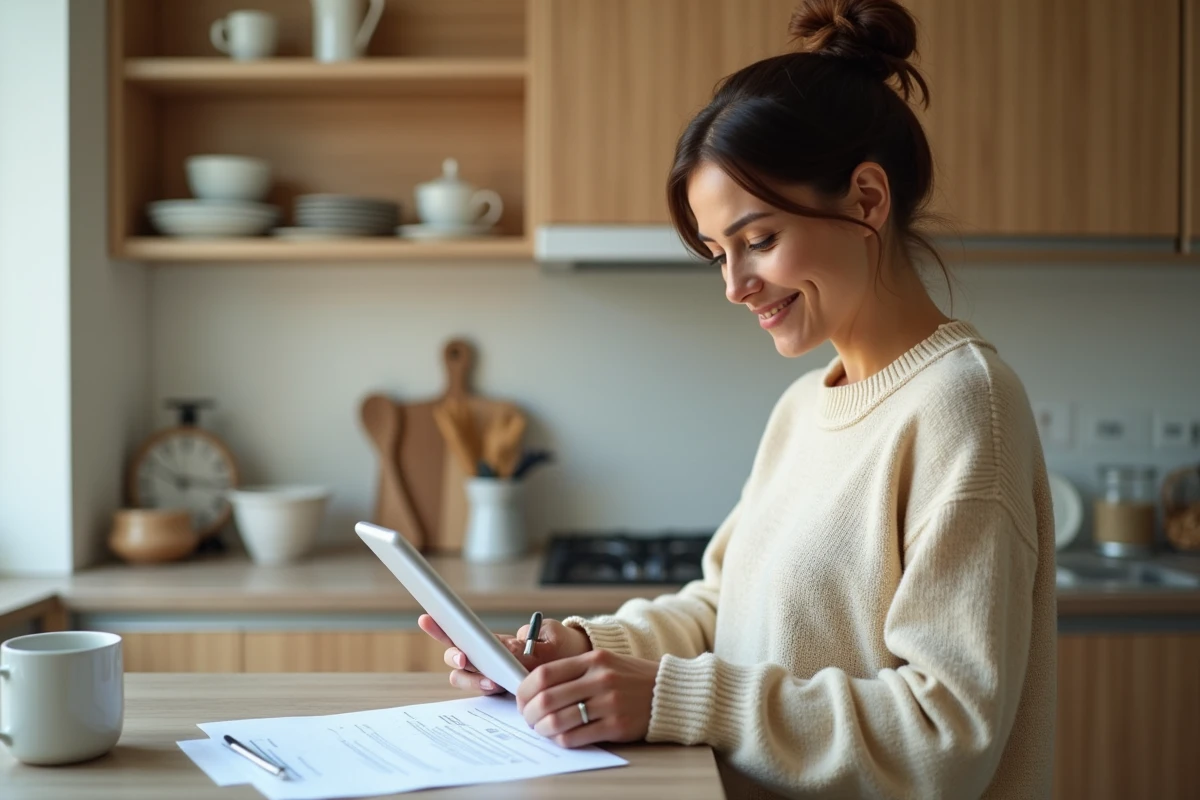 Femme remplissant un formulaire Cerfa 13757 sur une tablette