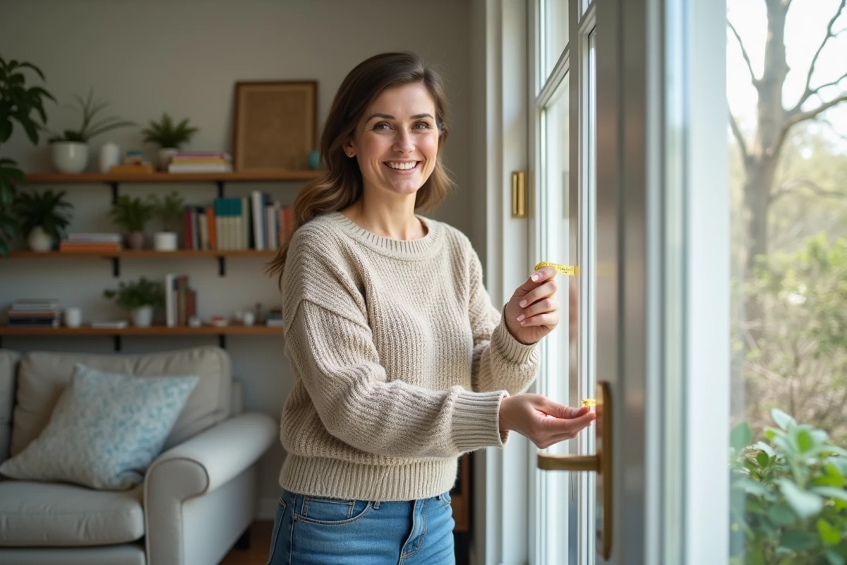 Femme scellant une fenetre avec ruban d