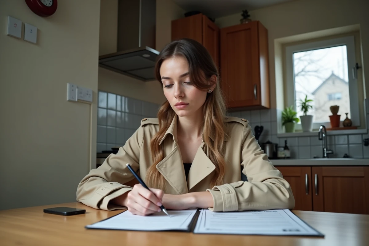 Jeune femme signant un constat auto dans sa cuisine chaleureuse