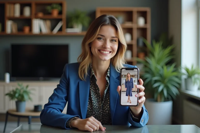 Femme souriante utilisant l'application fashion marker