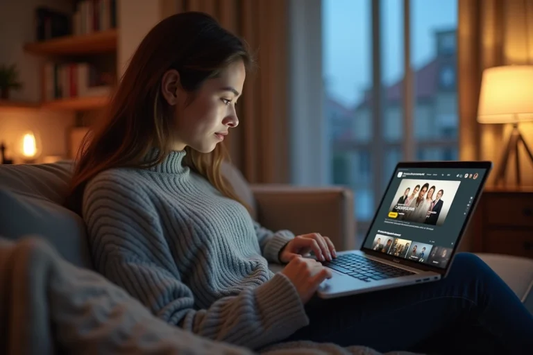 Jeune femme regardant des films en streaming sur son ordinateur portable dans un salon moderne et cosy