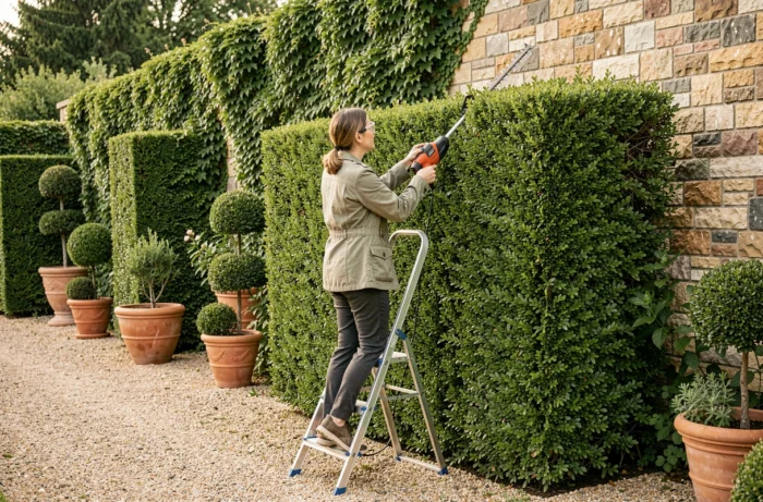 Femme sur un escabeau taillant une haute haie de buis avec un taille-haie électrique sans fil dans un jardin élégant