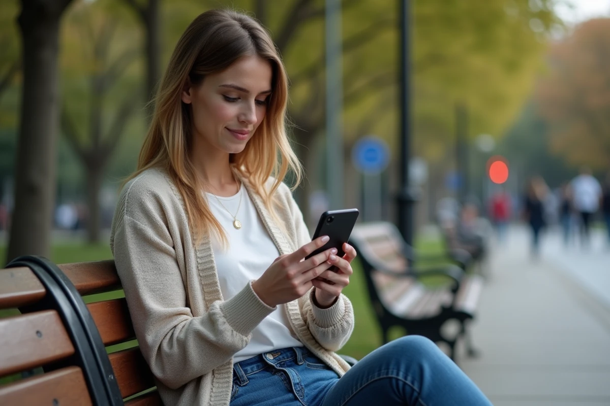 Femme utilisant son smartphone dans un parc urbain