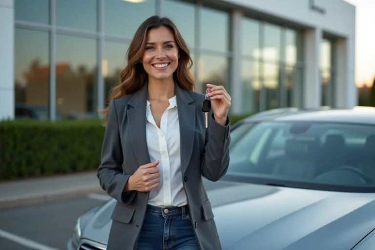 Femme souriante avec clés de voiture devant une voiture d'occasion