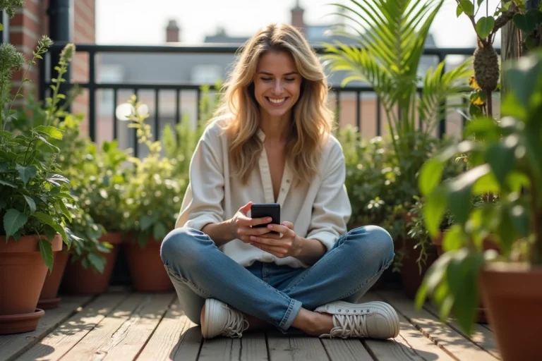 Jeune femme sur balcon avec plantes et smartphone