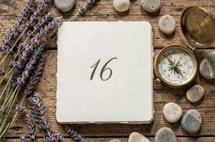 Flatlay artistique d'un journal ouvert avec le chiffre 16 en calligraphie encre, entouré de pierres, lavande séchée et compas vintage sur une table en bois brut, thème numérologie