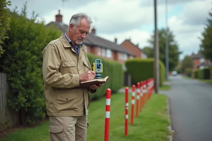 Géomètre expert bornant une limite de propriété résidentielle avec un récepteur GPS de mesure topographique