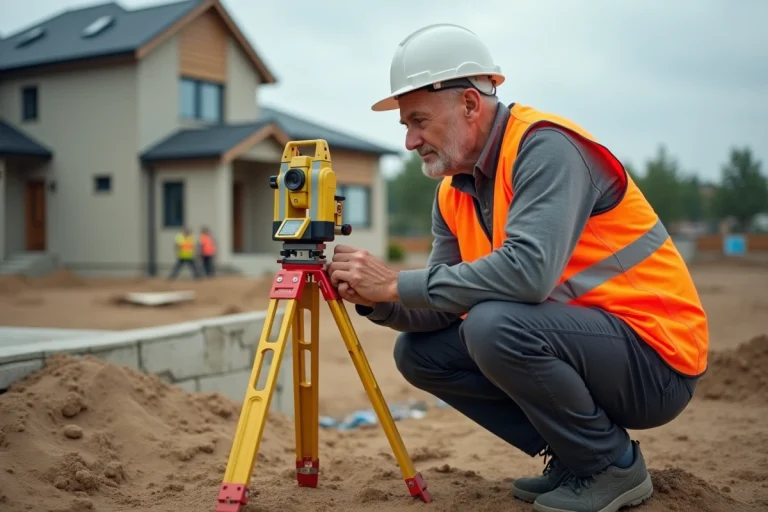 Géomètre expert utilisant un théodolite sur un chantier de construction résidentiel pour mesurer les limites foncières