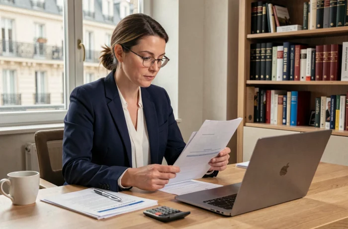 Femme française consultant ses finances personnelles sur un bureau en bois moderne à Paris