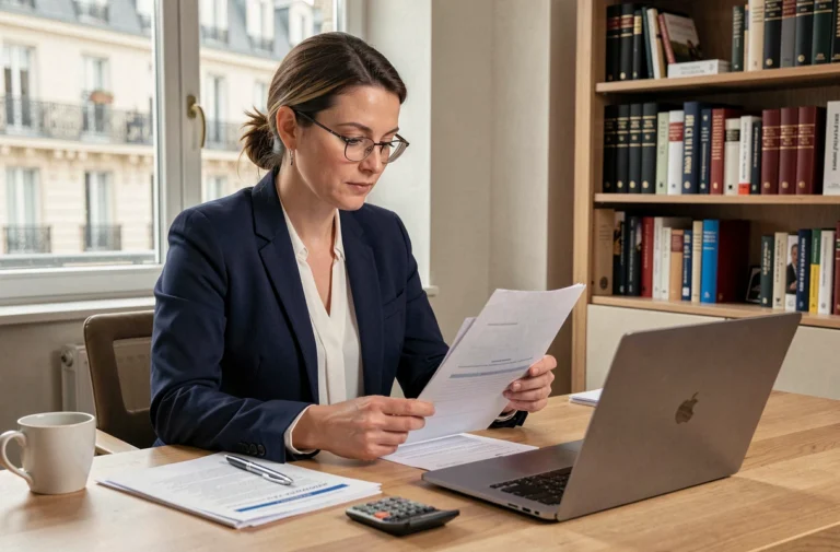 Femme française consultant ses finances personnelles sur un bureau en bois moderne à Paris