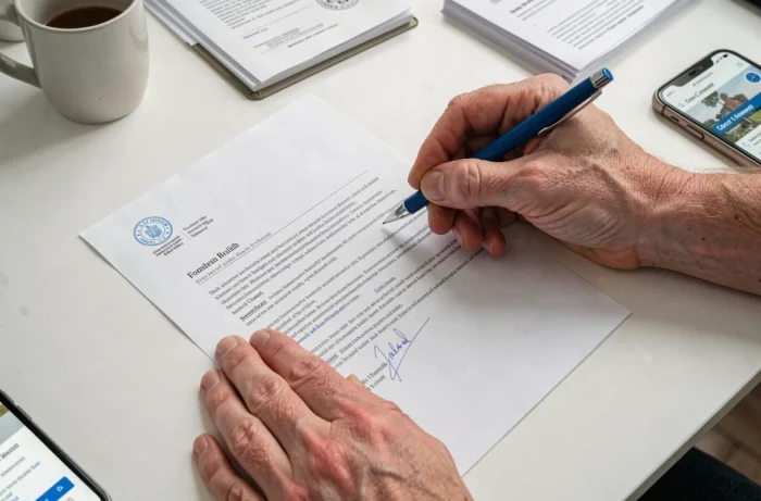 Gros plan de mains rédigeant une lettre officielle pour le deuxième versement du contrat de sécurisation professionnelle