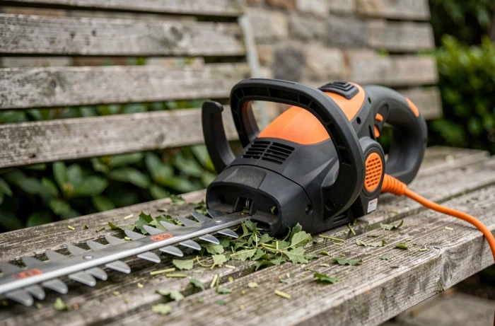Gros plan d'un taille-haie électrique posé sur un banc en bois avec des brindilles de haie coupées