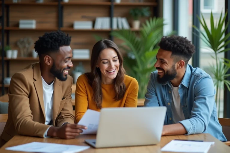 Groupe de trois adultes en coworking partageant des idées