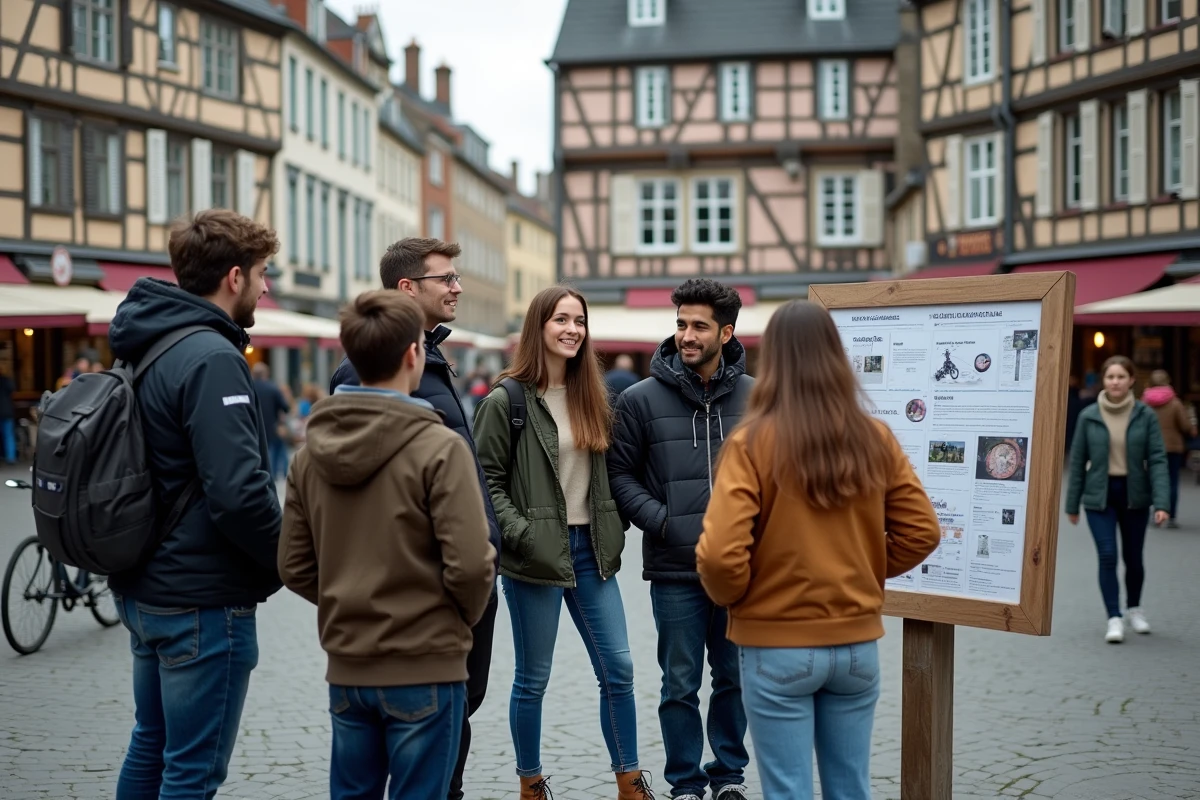 Groupe de personnes discutant devant un panneau d