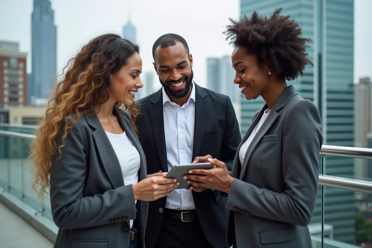 Groupe de marketeurs discutant stratégie en extérieur sur un toit