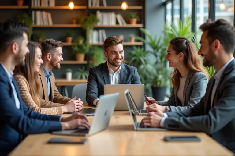 Groupe de professionnels en coworking collaborant ensemble