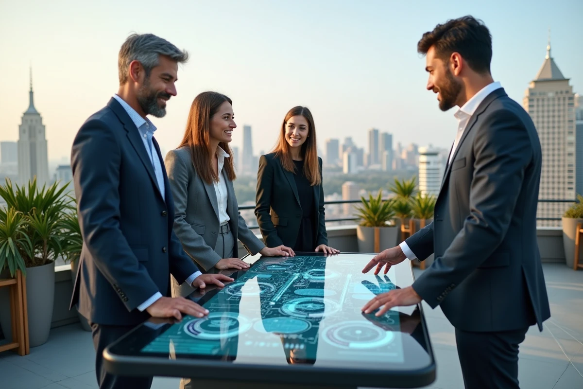 Groupe de professionnels collaborant autour d une table digitale en terrasse urbaine