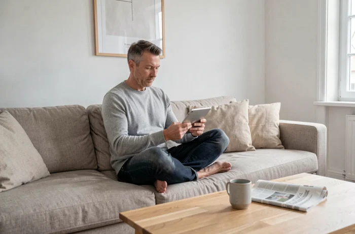 Homme consultant les tendances de l'actualité sur une tablette numérique dans un appartement moderne et épuré