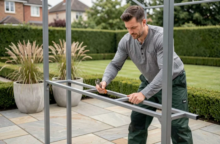 Homme assemblant une pergola en acier dans un jardin aménagé avec terrasse en pierre et plantations ornementales