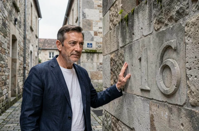 Homme posant la main sur le chiffre 16 gravé dans une vieille pierre de rue pavée européenne, symbolisant la transformation et la chance en numérologie