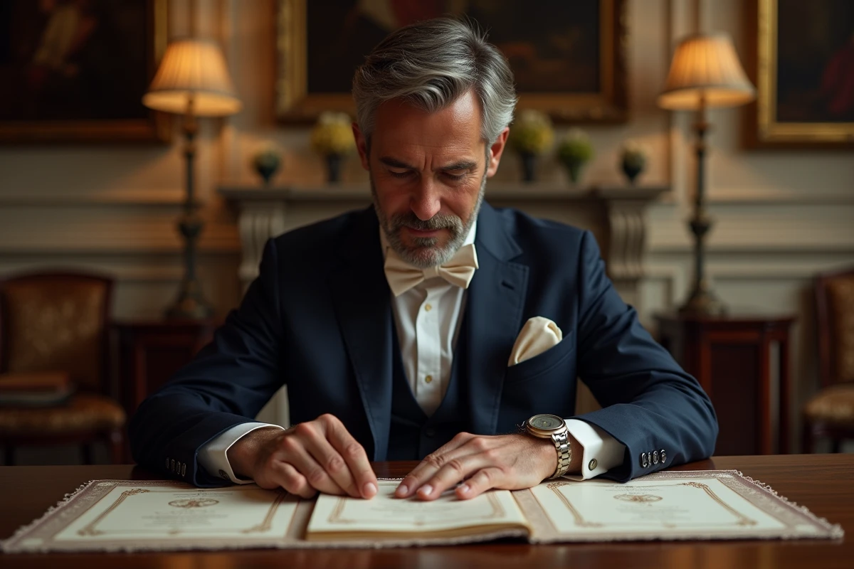 Homme en costume examinant des invitations de mariage