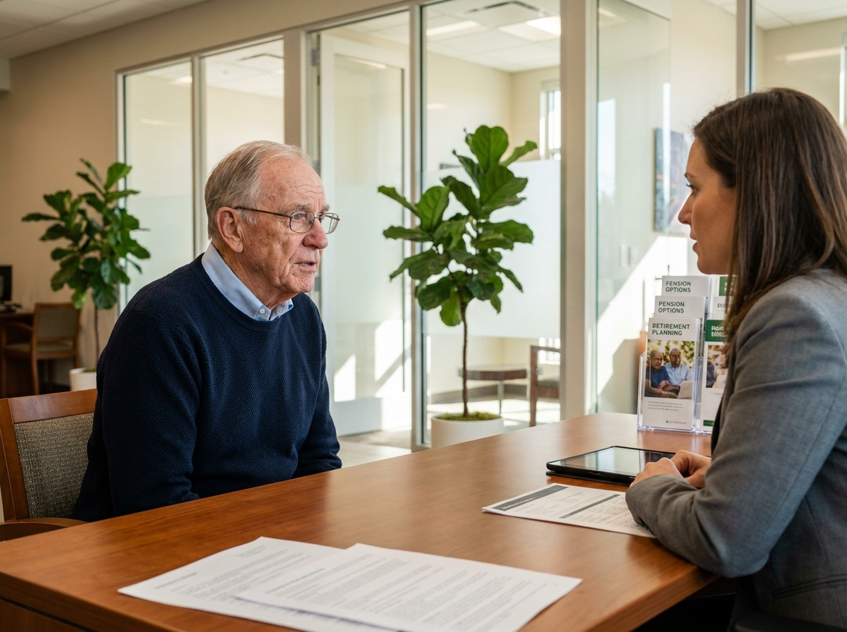 Homme âgé discutant avec conseiller financier dans une banque