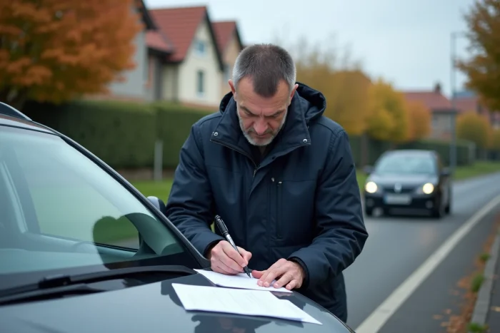 Homme d'âge moyen remplissant un constat auto à côté de sa voiture