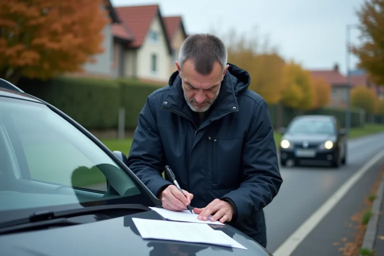 Homme d'âge moyen remplissant un constat auto à côté de sa voiture