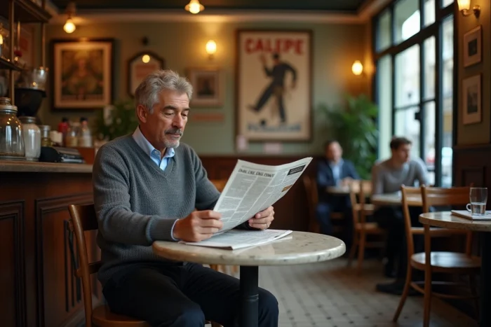 Homme discret lisant un journal dans un café parisien, symbolisant la vie privée et l'anonymat volontaire du conjoint d'une figure médiatique