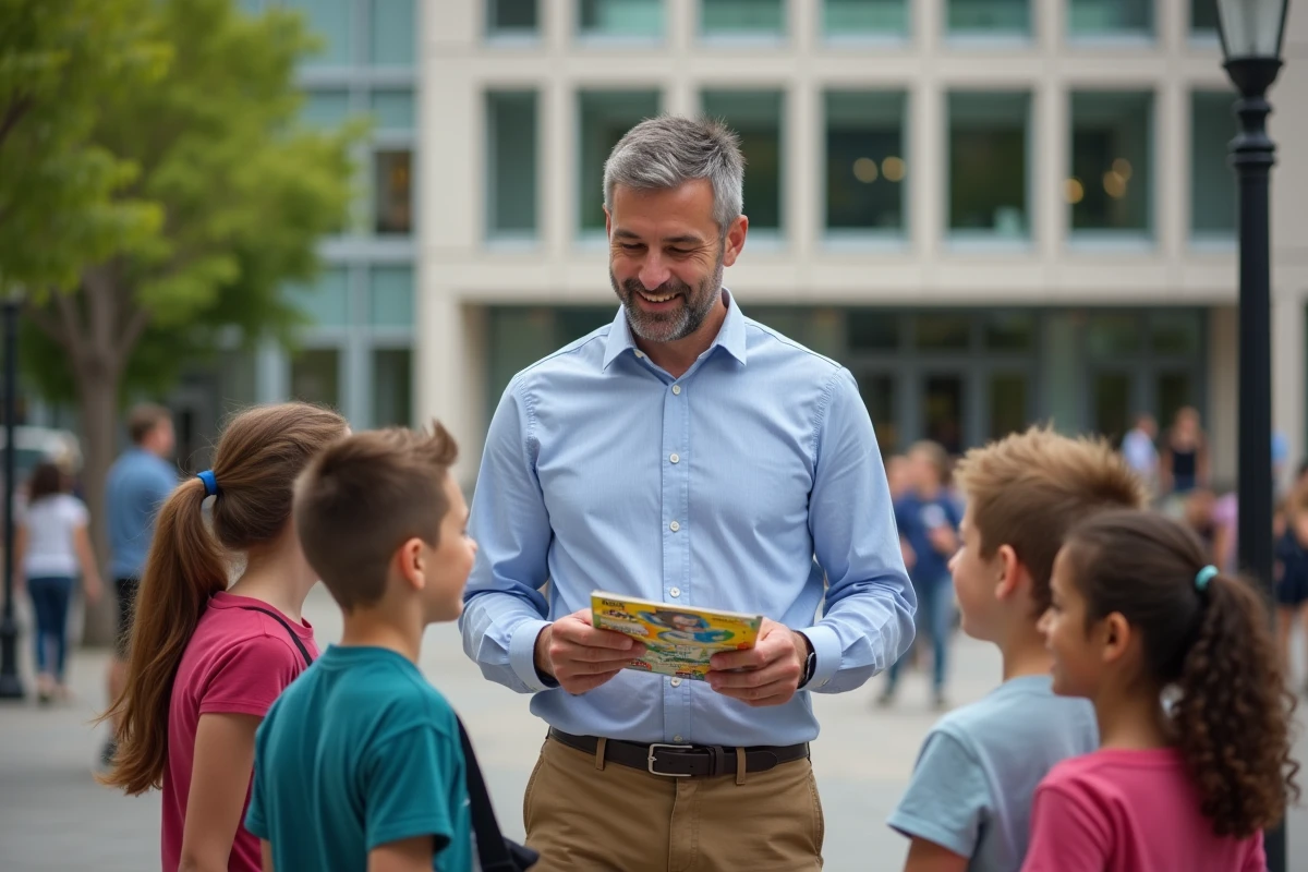Homme partageant un flyer éducatif avec des enfants en ville