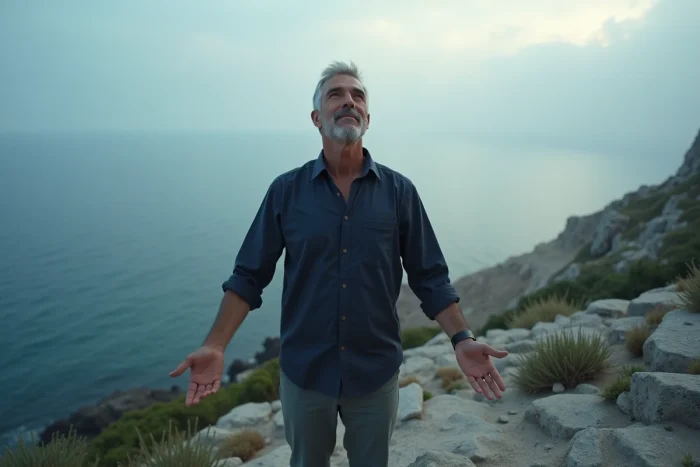 Homme debout sur une falaise côtière au lever du jour symbolisant l'élévation spirituelle et la conscience de la 5D