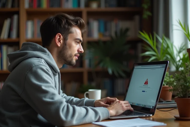 Homme frustré devant son ordinateur dans un appartement
