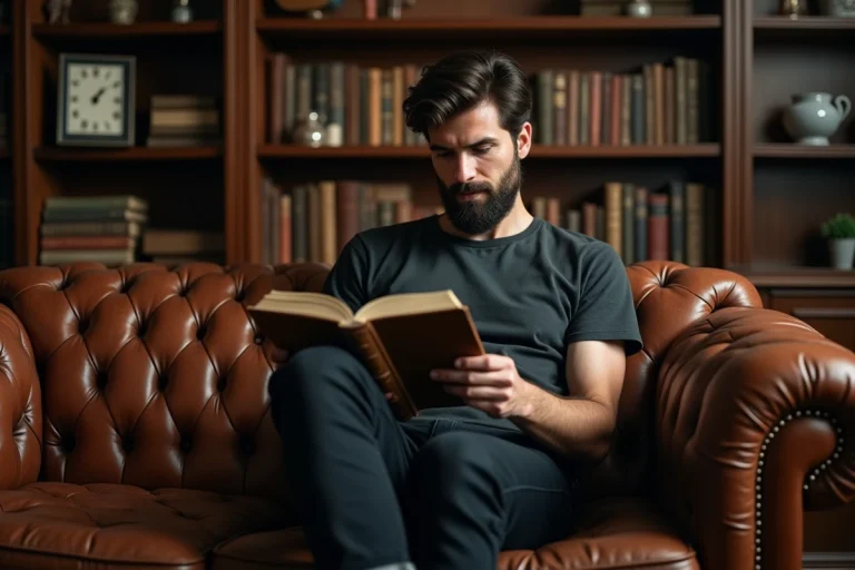 Homme en intérieur lisant un vieux journal dans un bureau chaleureux