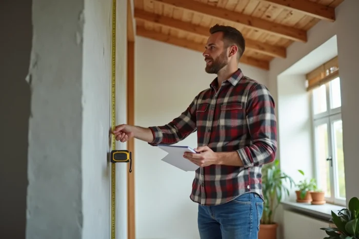 Homme mesurant un mur d'attique en rénovation