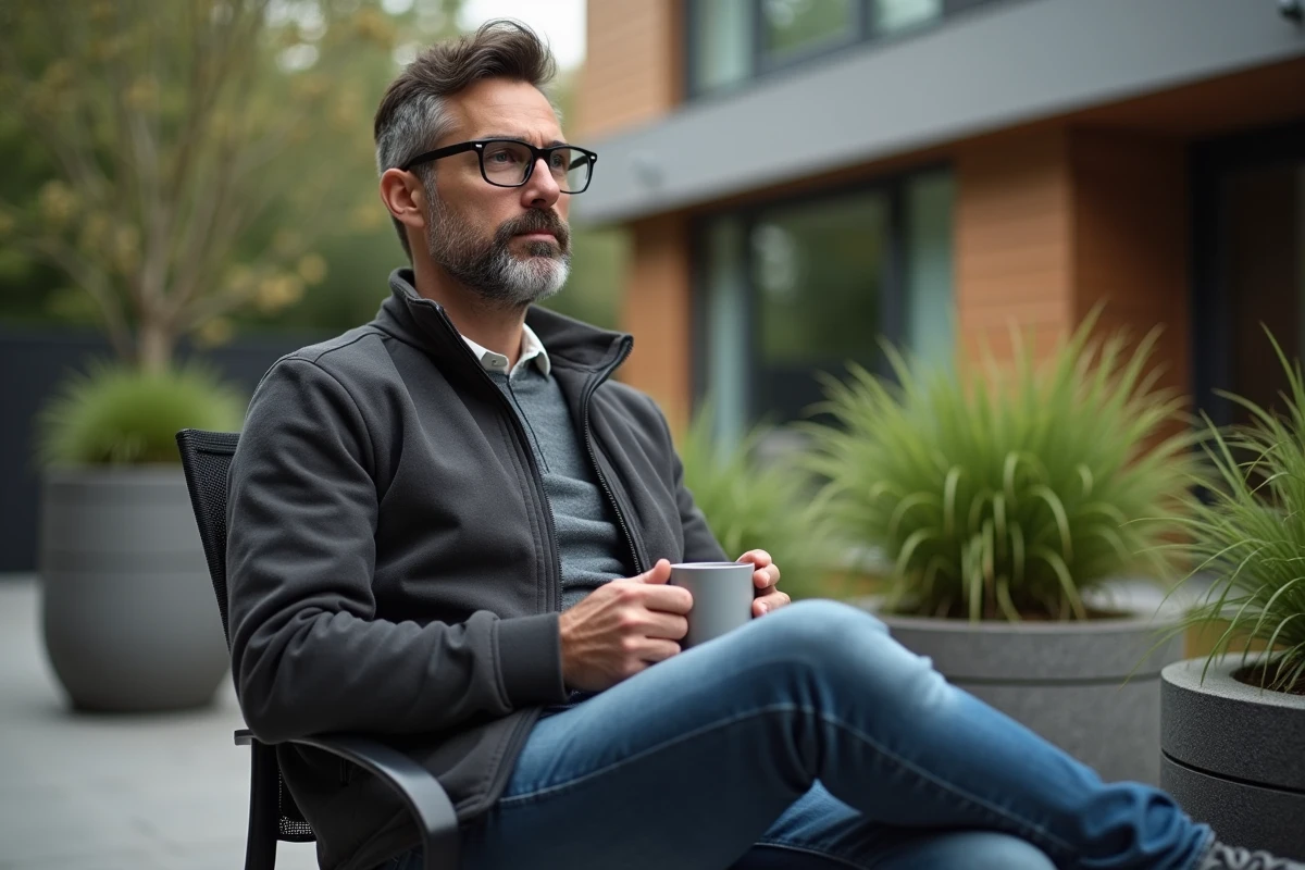 Homme détendu dans un patio extérieur avec une tasse de café