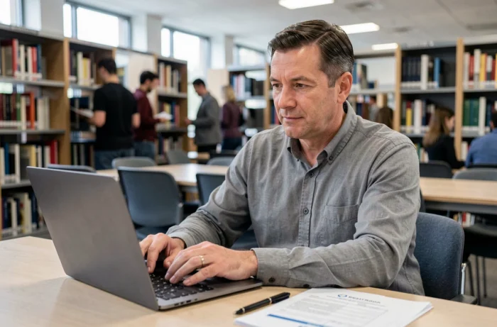 Homme utilisant un ordinateur portable dans une bibliothèque pour rédiger une demande de versement CSP
