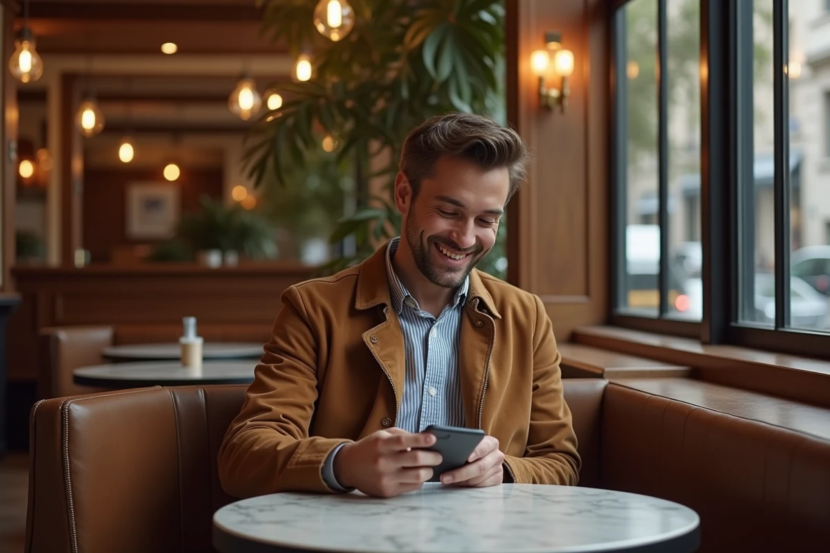 Jeune homme parisien souriant au café en tenue décontractée