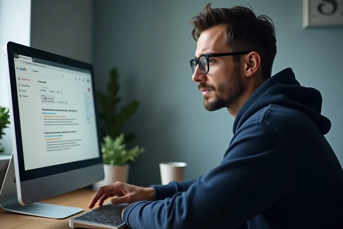 Homme avec lunettes recherchant une adresse de streaming sécurisée sur son ordinateur de bureau à domicile