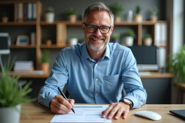 Homme dans son bureau signant un formulaire Cerfa 13757