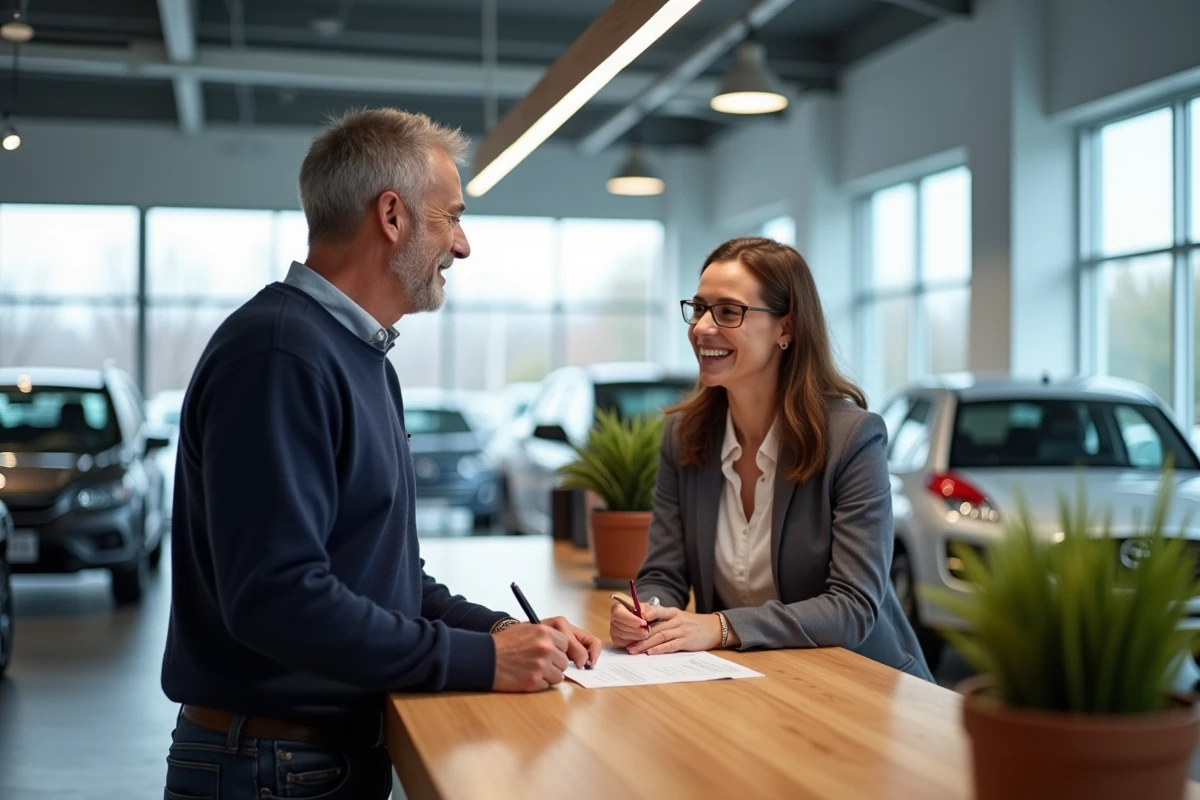 Homme détendu signant un contrat avec un conseiller en concession