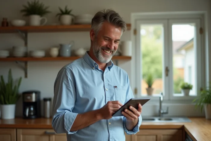 Homme consultant des annonces d'activités de loisirs sur une tablette dans une cuisine moderne